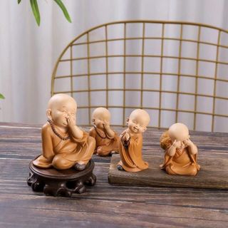 Tượng Chú Tiểu Áo Nâu, An Nhiên, Yêu Đời, Tự Tại, Tam Không Trang Trí Taplo, Bàn Trà