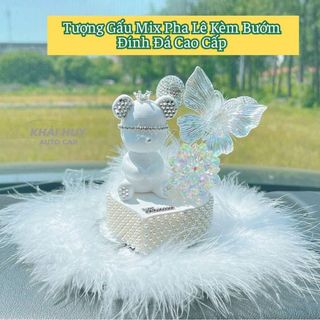 Tượng Gấu Mix Pha Lê Kèm Bướm , Thảm Đính Đá Cao Cấp ,Trang Trí Taplo Đế Ngọc Trai Lấp Lánh