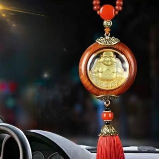 Khánh Treo Xe Gỗ Đính Phật Bằng Vàng – Tượng Phật Quan Âm / Phật Di Lặc – Tua Rua Đỏ May Mắn