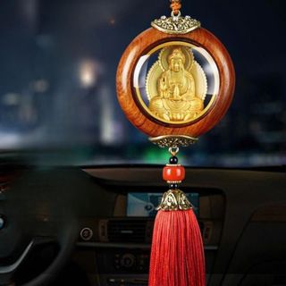 Khánh Treo Xe Gỗ Đính Phật Bằng Vàng – Tượng Phật Quan Âm / Phật Di Lặc – Tua Rua Đỏ May Mắn