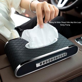 Hộp Đựng Khăn Giấy Để Taplo Ô Tô Cao Cấp Kèm Đồng Hồ , Bảng Số Điện Thoại Viền Mạ Kim Loại Sang Trọng khaihuyauto