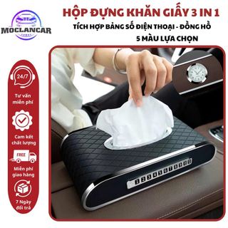 (3in1) Hộp Đựng Khăn Giấy Tặng Kèm Đồng Hồ Và Dãy Ghi Số Điện Thoại Đặt Taplo Sang Trọng Và Lịch Sự