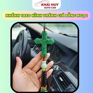 Khánh Treo Xe Ô Tô Thánh Giá – Hình Chữ Thập Đá Ngọc Bích Xanh Đậm | Tua Đá Thủ Công – Biểu Tượng Bình An & May Mắn