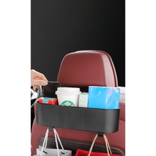 Khay đựng đồ sau ghế vân carbon 2in1 kiêm móc treo đồ,chứa tất cả các cả vật dụng khi di chuyển trên xe ô tô