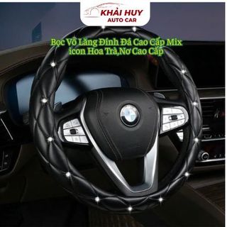 Bọc Vô Lăng Đính Đá Cao Cấp Mix icon Hoa Trà,Nơ Cao Cấp Kích Thước 38cm