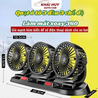 Quạt ô tô 3 đầu 3 chế độ làm mát xoay 360 gió mạnh kèm biển để số điện thoại dành cho xe hơi, quạt 12v