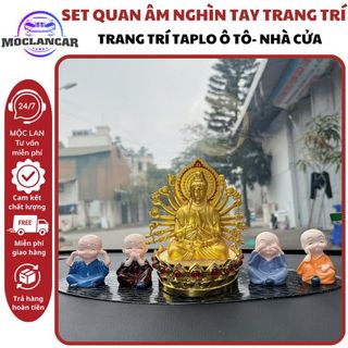 Tượng Phật Quan Âm Nghìn Tay Mạ Vàng Đế Sen Đính Đá Đỏ Trang Trí Taplo Ô Tô- Nhà Cửa
