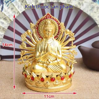Tượng Phật Quan Âm Nghìn Tay Mạ Vàng Đế Sen Đính Đá Đỏ Trang Trí Taplo Ô Tô- Nhà Cửa