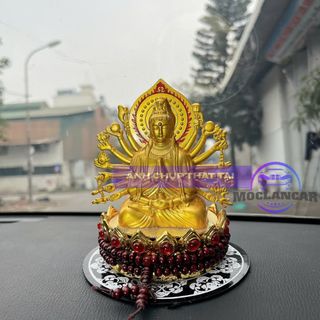 Tượng Phật Quan Âm Nghìn Tay Mạ Vàng Đế Sen Đính Đá Đỏ Trang Trí Taplo Ô Tô- Nhà Cửa