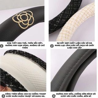 Bọc Vô Lăng Hoa Trà Vải Dạ Tweed Tròn Size 38cm Giúp Chống Trơn Trượt, Trang Trí Sang Trọng