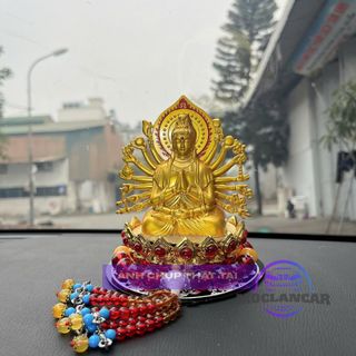 Tượng Phật Quan Âm Nghìn Tay Mạ Vàng Đế Sen Đính Đá Đỏ Trang Trí Taplo Ô Tô- Nhà Cửa