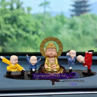 Set 5 Chú Tiểu KUNGFU Trang Trí Taplo Ô Tô- Nhà Cửa Phật Ở Đó Có Bình An Phật ở Trong Tâm