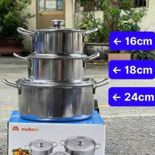 BỘ 3 NỒI INOX CÓ QUAI CAO CẤP HỘP XANH