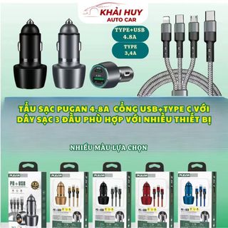 Tẩu Sạc Nhanh Điện Thoại Cho Ô Tô Pugan 4.A Kèm Dây 3 Đầu Sạc Các Loại Điện Thoại, Tẩu Sạc Siêu Tốc(Mẫu Mới) khaihuyauto