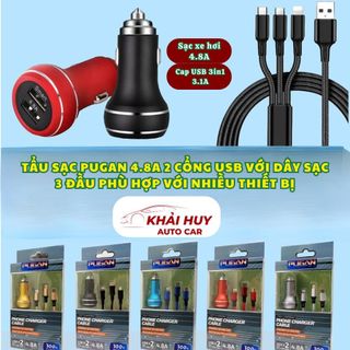 Tẩu Sạc Pugan 4.8A 2 Cổng USB Kèm Dây Sạc 3 Đầu Phù Hợp Với Nhiều Thiết Bị Điện Tử