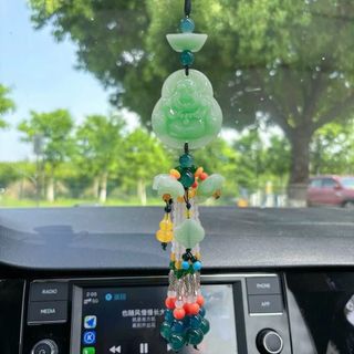 Khánh Treo Xe Phật Di Lặc , Ngọc Cẩm Thạch Sơn Thuỷ Mang Lại Bình An May Mắn - Khánh Treo Xe Tua Rua Ngọc Đài Sen