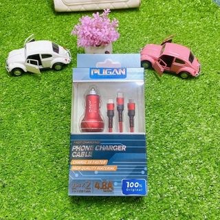 Tẩu Sạc Pugan 4.8A 2 Cổng USB Kèm Dây Sạc 3 Đầu Phù Hợp Với Nhiều Thiết Bị Điện Tử