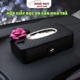 Hộp Giấy Ăn Hoa Trà Trắng vÀ Hồng Bọc Da PU Cao Cấp Đính Đá Để Ô Tô - Hộp Đựng Giấy Ăn Trên Xe Hơi