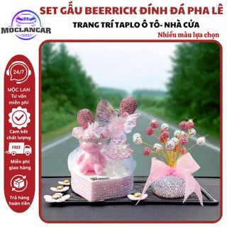 SET Tượng Gấu Trang Trí Taplo Ô Tô Đính Đá Pha Lê Kèm Bướm, Hoa Sen, Để Ngọc Trai Lấp Lánh