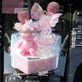 SET Tượng Gấu Trang Trí Taplo Ô Tô Đính Đá Pha Lê Kèm Bướm, Hoa Sen, Để Ngọc Trai Lấp Lánh