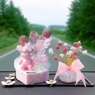 SET Tượng Gấu Trang Trí Taplo Ô Tô Đính Đá Pha Lê Kèm Bướm, Hoa Sen, Để Ngọc Trai Lấp Lánh