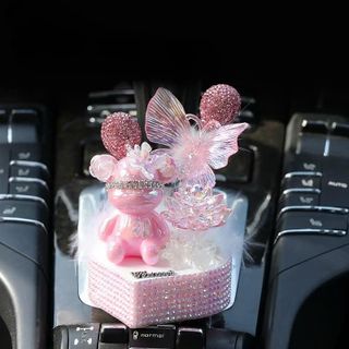 SET Tượng Gấu Trang Trí Taplo Ô Tô Đính Đá Pha Lê Kèm Bướm, Hoa Sen, Để Ngọc Trai Lấp Lánh