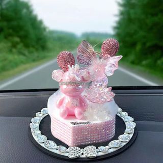 SET Tượng Gấu Trang Trí Taplo Ô Tô Đính Đá Pha Lê Kèm Bướm, Hoa Sen, Để Ngọc Trai Lấp Lánh