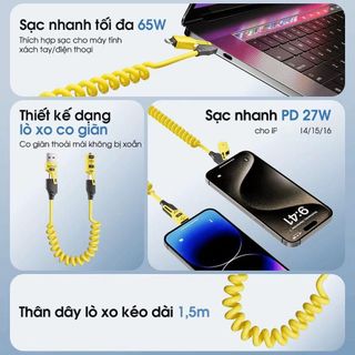 Dây Cáp Sạc Nhanh Đa Năng 4in1 65w Dạng Lò Xo Thu Gọn Tự Động Dùng Cho Mọi Điện Thoại 1.5met