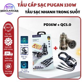 Tẩu Sạc PUGAN 130W Cho Ô Tô - Tẩu Sạc Nhanh Trong Suốt Cắm Tẩu Âm Nguồn 2 Cổng USB và Type C
