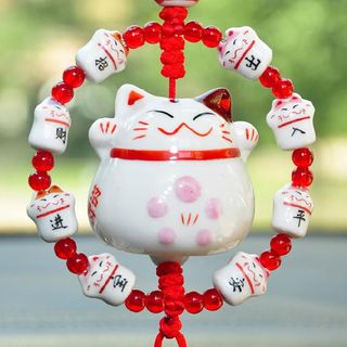 Khánh Mèo Thần Tài Vòng Ngọc May Mắn Treo Xe Ô Tô Mang Đến Tài Lộc, May Mắn, Bình An