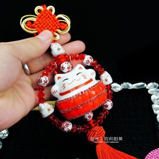 Khánh Mèo Thần Tài Vòng Ngọc May Mắn Treo Xe Ô Tô Mang Đến Tài Lộc, May Mắn, Bình An