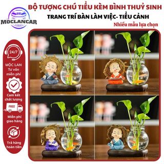 Bộ Tượng Chú Tiểu Kèm bình Thủy Sinh, Trồng Cây Nuôi Cá,Trang Trí Ô Tô, Bàn Làm Việc,Tủ Sách, Decor Thủy Tinh