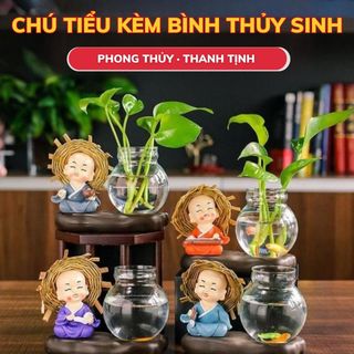 Bộ Tượng Chú Tiểu Kèm bình Thủy Sinh, Trồng Cây Nuôi Cá,Trang Trí Ô Tô, Bàn Làm Việc,Tủ Sách, Decor Thủy Tinh