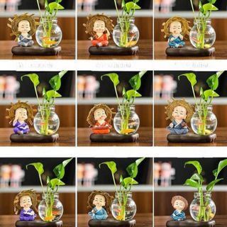 Bộ Tượng Chú Tiểu Kèm bình Thủy Sinh, Trồng Cây Nuôi Cá,Trang Trí Ô Tô, Bàn Làm Việc,Tủ Sách, Decor Thủy Tinh