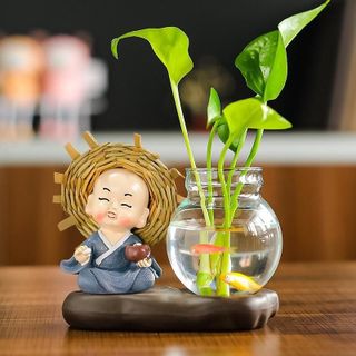 Bộ Tượng Chú Tiểu Kèm bình Thủy Sinh, Trồng Cây Nuôi Cá,Trang Trí Ô Tô, Bàn Làm Việc,Tủ Sách, Decor Thủy Tinh