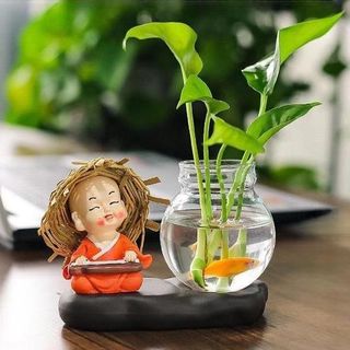 Bộ Tượng Chú Tiểu Kèm bình Thủy Sinh, Trồng Cây Nuôi Cá,Trang Trí Ô Tô, Bàn Làm Việc,Tủ Sách, Decor Thủy Tinh