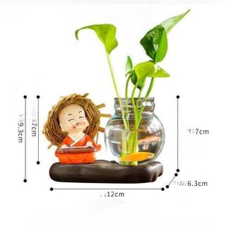 Bộ Tượng Chú Tiểu Kèm bình Thủy Sinh, Trồng Cây Nuôi Cá,Trang Trí Ô Tô, Bàn Làm Việc,Tủ Sách, Decor Thủy Tinh