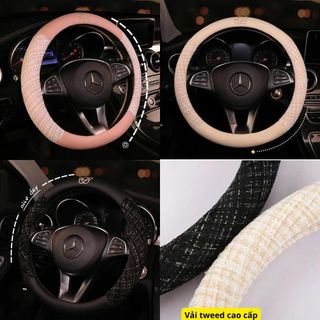 Bọc Vô Lăng Ô Tô Phối Vải TWEED Cao Cấp Họa Tiết Hoa Trà Thêu Dáng Tròn Size 38cm Trang Trí Sang Trọng
