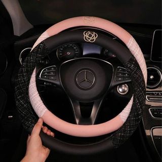 Bọc Vô Lăng Ô Tô Phối Vải TWEED Cao Cấp Họa Tiết Hoa Trà Thêu Dáng Tròn Size 38cm Trang Trí Sang Trọng