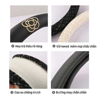 Bọc Vô Lăng Ô Tô Phối Vải TWEED Cao Cấp Họa Tiết Hoa Trà Thêu Dáng Tròn Size 38cm Trang Trí Sang Trọng