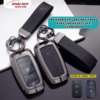 Bộ Ốp Chìa Khoá Kim Loại Mặt Trong Suốt Kết Hợp với Mặt Lưng Da Cao Cấp Dùng Cho Xe Điện VinFast VF3, VF5, LIMOGREEN
