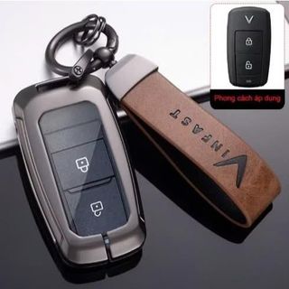 Bộ Ốp Chìa Khoá Kim Loại Mặt Trong Suốt Kết Hợp với Mặt Lưng Da Cao Cấp Dùng Cho Xe Điện VinFast VF3, VF5, LIMOGREEN