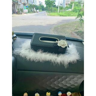 Hộp giấy ăn Hoa Trà trắng bọc da PU cao cấp đính đá để ô tô -hộp đựng giấy