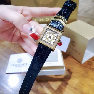 ĐỒNG HỒ NỮ CAO CẤP VERXACE DÂY DA ĐEN MẶT VUÔNG NIỀNG HỘT