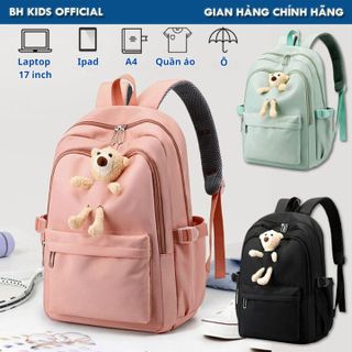 BALO ULZZANG KÈM GẤU XINH XẮN, ĐỰNG ĐƯỢC LAPTOP 17 INCH, VẢI OXFORD CHỐNG NƯỚC, CHỐNG SỐC, SIÊU NHẸ CH178-BH KIDS
