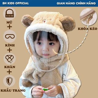 COMBO MŨ TRÙM ĐẦU CÓ KÍNH GIỮ ẤM 4 TRONG 1 BH KIDS CHO BÉ, CHỐNG GIỌT BẮN, VẢI LÔNG CỪU, IN HÌNH GẤU XINH XẮN CH175 - BH KIDS