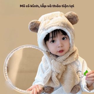 COMBO MŨ TRÙM ĐẦU CÓ KÍNH GIỮ ẤM 4 TRONG 1 BH KIDS CHO BÉ, CHỐNG GIỌT BẮN, VẢI LÔNG CỪU, IN HÌNH GẤU XINH XẮN CH175 - BH KIDS