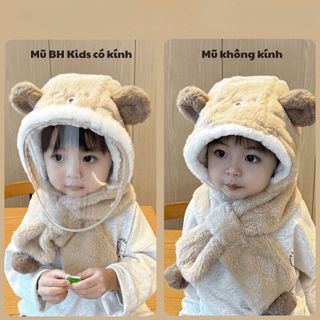 COMBO MŨ TRÙM ĐẦU CÓ KÍNH GIỮ ẤM 4 TRONG 1 BH KIDS CHO BÉ, CHỐNG GIỌT BẮN, VẢI LÔNG CỪU, IN HÌNH GẤU XINH XẮN CH175 - BH KIDS