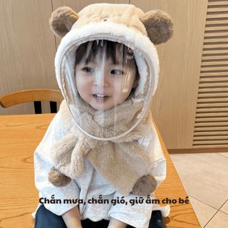 COMBO MŨ TRÙM ĐẦU CÓ KÍNH GIỮ ẤM 4 TRONG 1 BH KIDS CHO BÉ, CHỐNG GIỌT BẮN, VẢI LÔNG CỪU, IN HÌNH GẤU XINH XẮN CH175 - BH KIDS