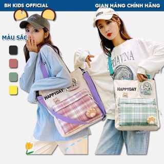 TÚI ĐEO CHÉO, HỌA TIẾT CARO HAPPY DAY, VẢI CANVAS, IN HÌNH MÈO CON XINH XẮN CH127 - BH KIDS